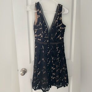 Black lace V neck V back dress